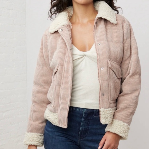 NEW UpWest Corduroy Sherpa Bomber Jacket Blush/Cream/Built in Backpack Straps Lg - Picture 3 of 12
